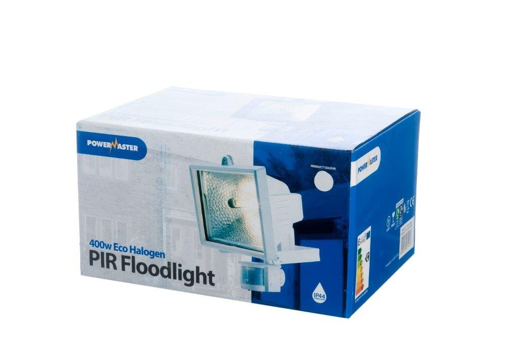 POWERMASTER 400W WHITE ECO HALOGEN FLOODLIGHT FITTING WITH PIR