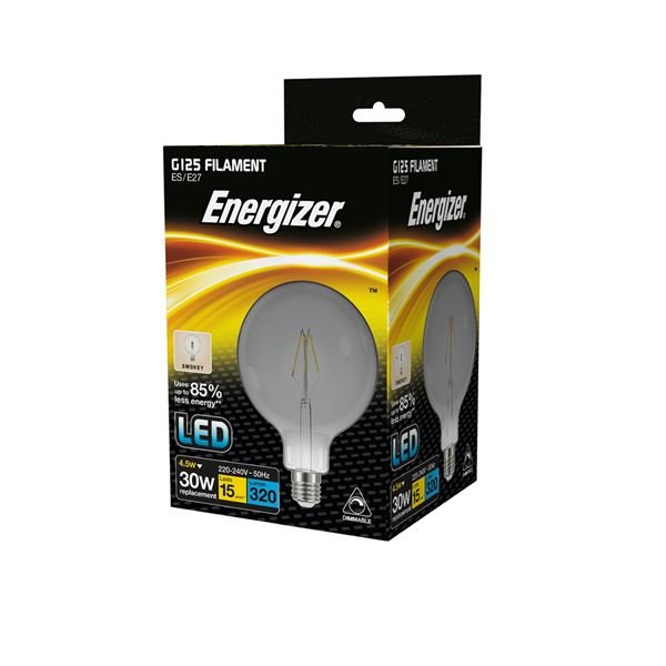 ENERGIZER 4.5W (30W) E27 G125 DIMMABLE LED XL GLOBE FILAMENT SMOKEY 320 LUMEN