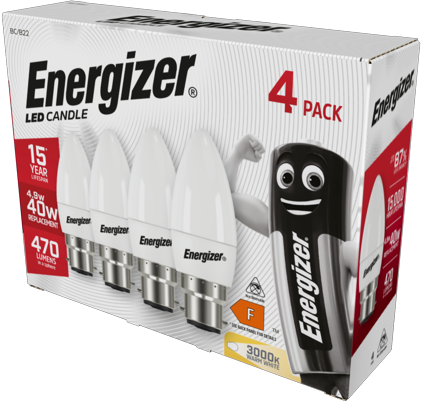 ENERGIZER 4 PACK LED 4.9W (40W) 470 LUMEN BC CANDLE LAMP WARM WHITE