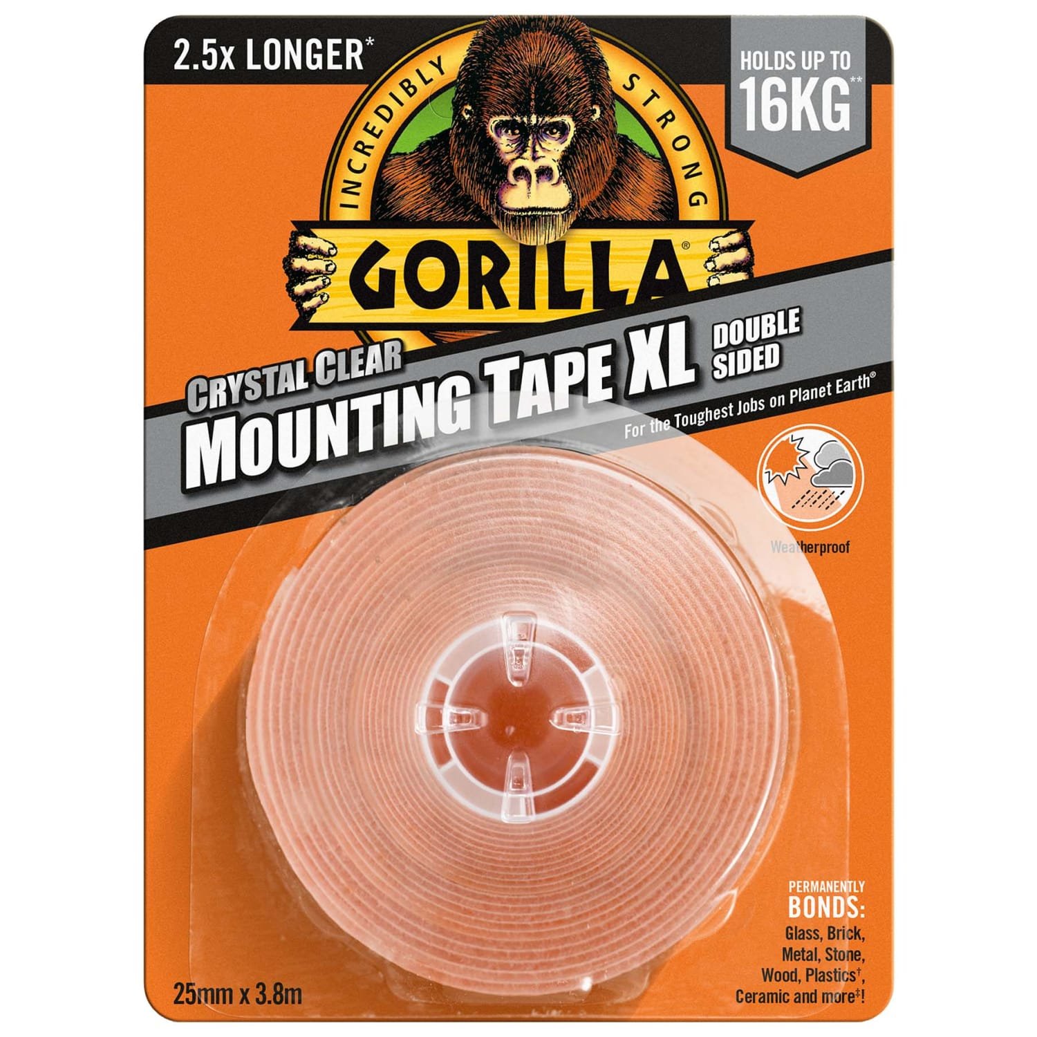 GORILLA CRYSTAL CLEAR MOUNTING TAPE 25MM X 3.8M HOLDS UP TO 16KG