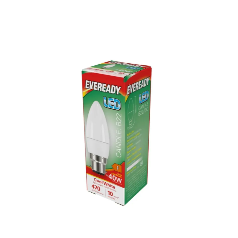 EVEREADY 4.9W (40W) B22 LED CANDLE 470 LUMENS COOL WHITE BOXED